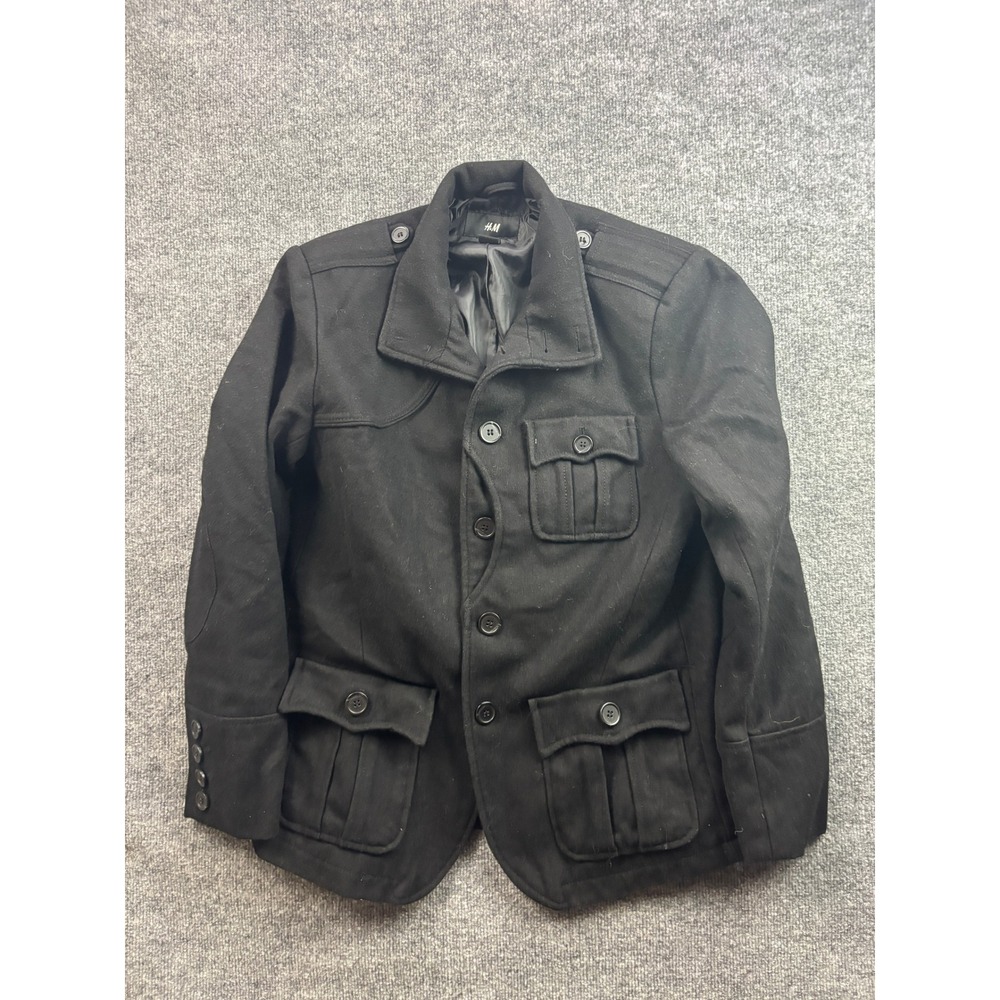 H&M Field Jacket Mens 40R Black Recycled Wool Blend Utility Military Coat